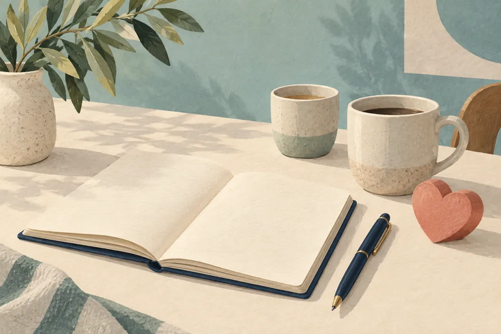 Illustration of a notebook and two cups, representing an unhurried conversation.
