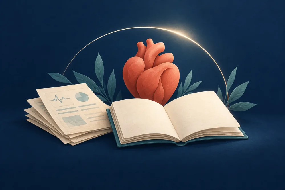 Illustration of medical papers coming together around a heart, representing clearer understanding.